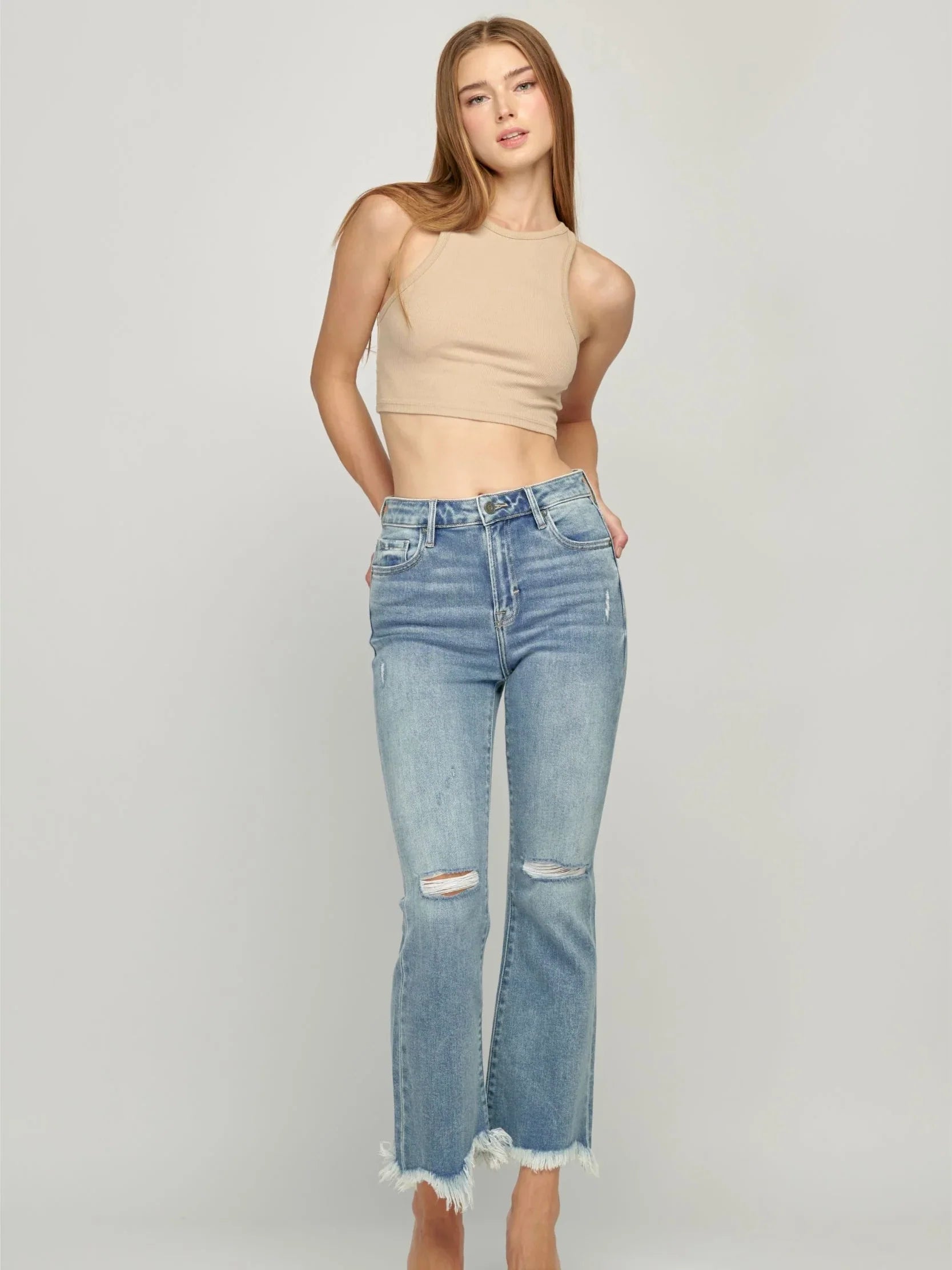 Happi Jeans : High Waist Super Fray Crop Flare
