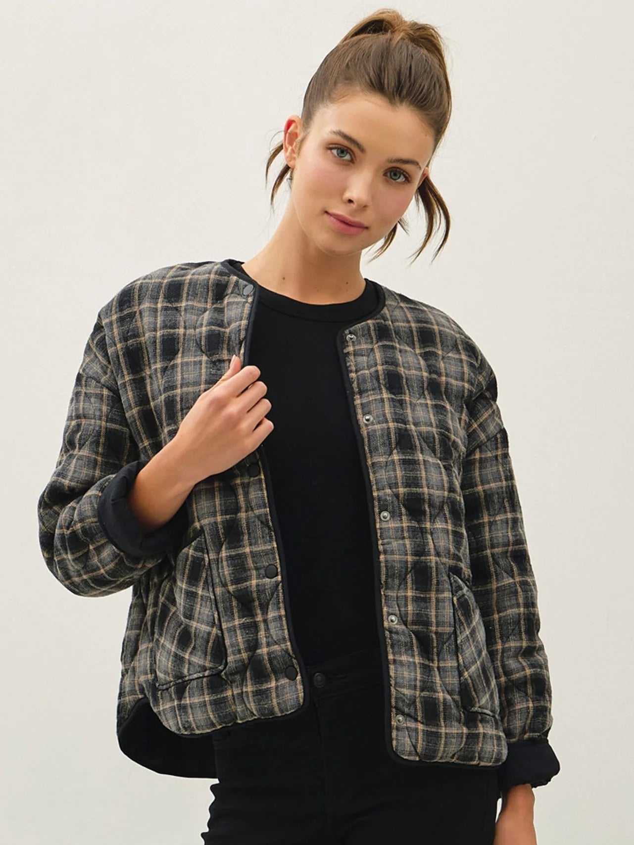 Quilted Plaid Button Up Coat
