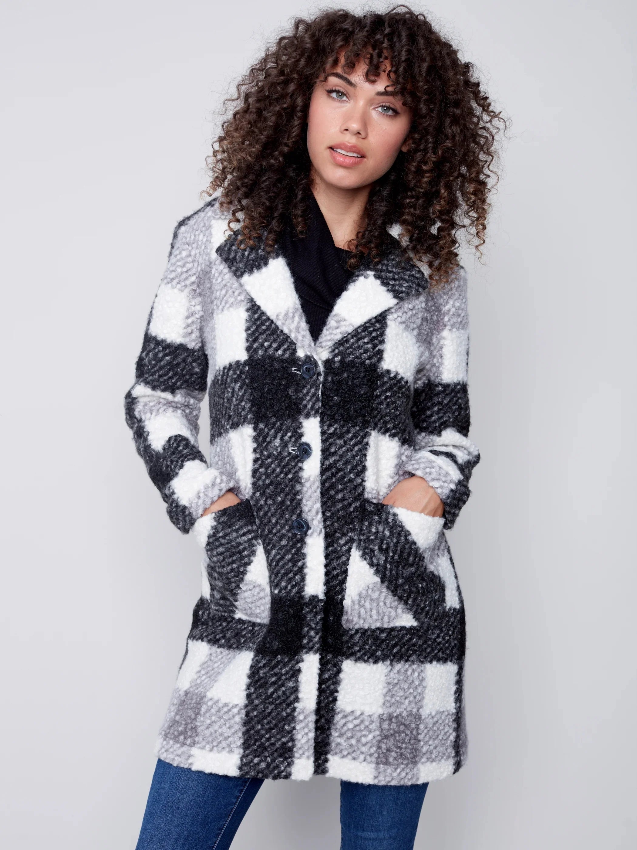 Plaid Boucle Knit Tailored Collar Coat