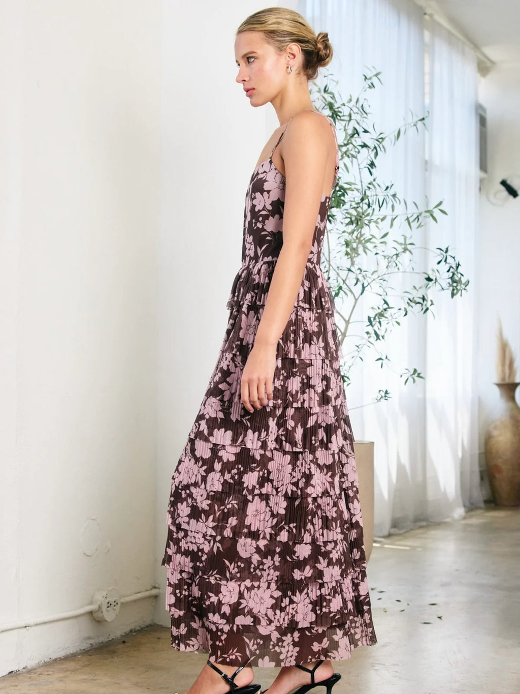 Flower Mesh Printed Tiered Maxi Dress