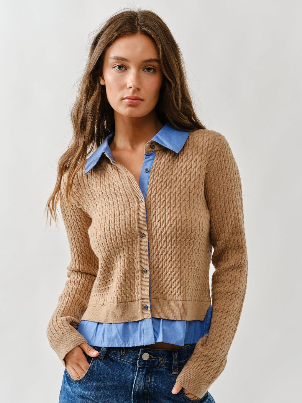 Cable Knit Mixed Media Cardigan