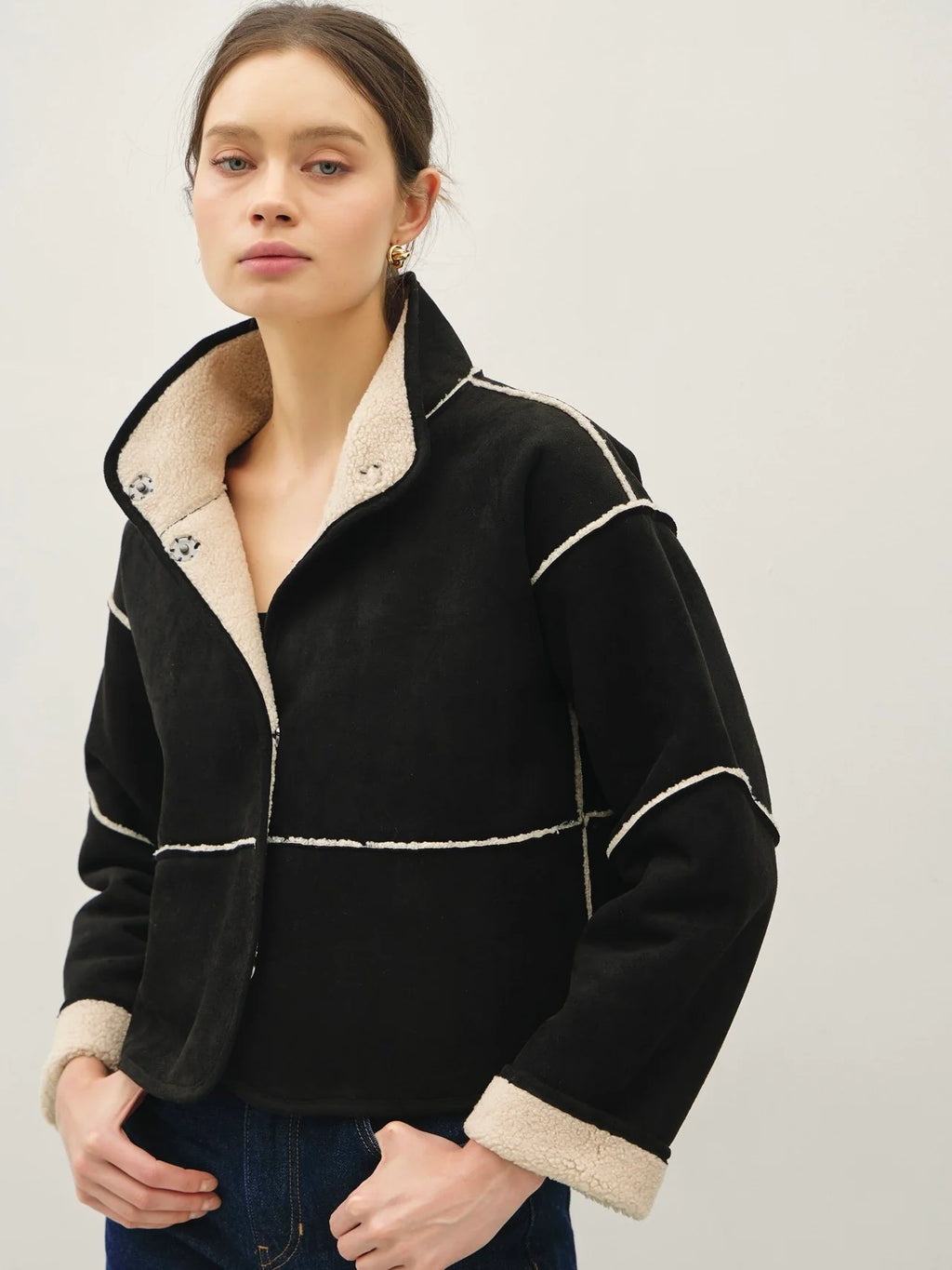 Faux Suede Sherpa Lined Boxy Jacket