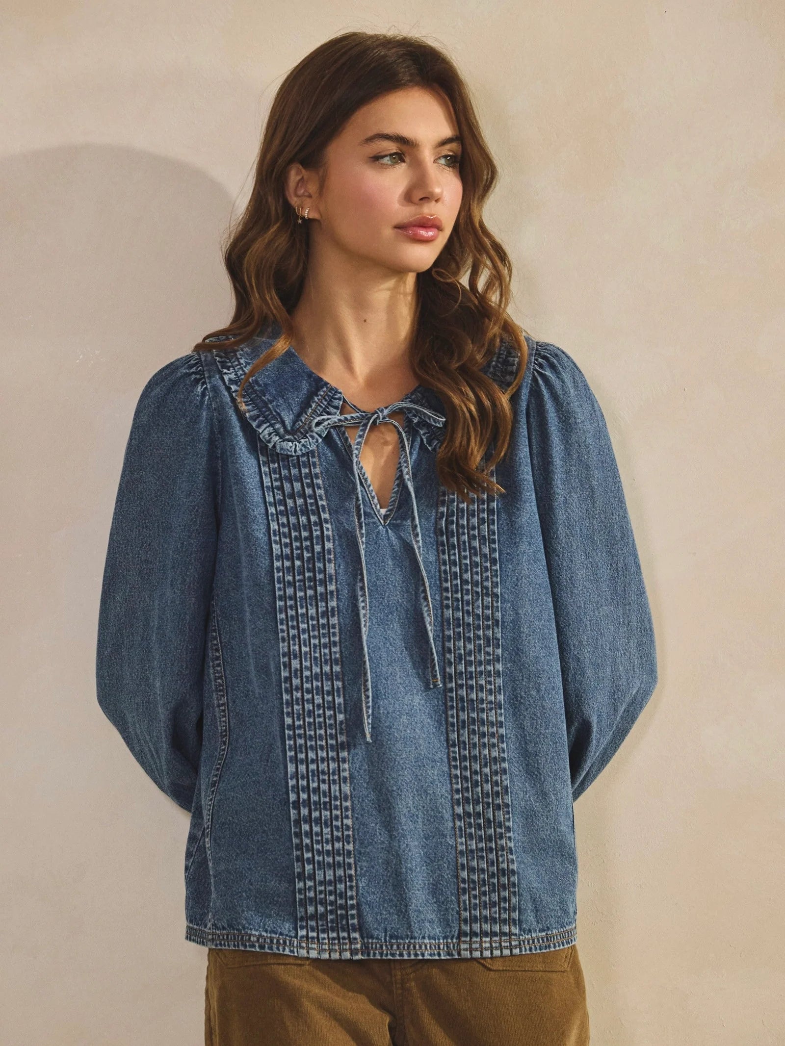 Vintage Washed Denim Sailor Collar Top