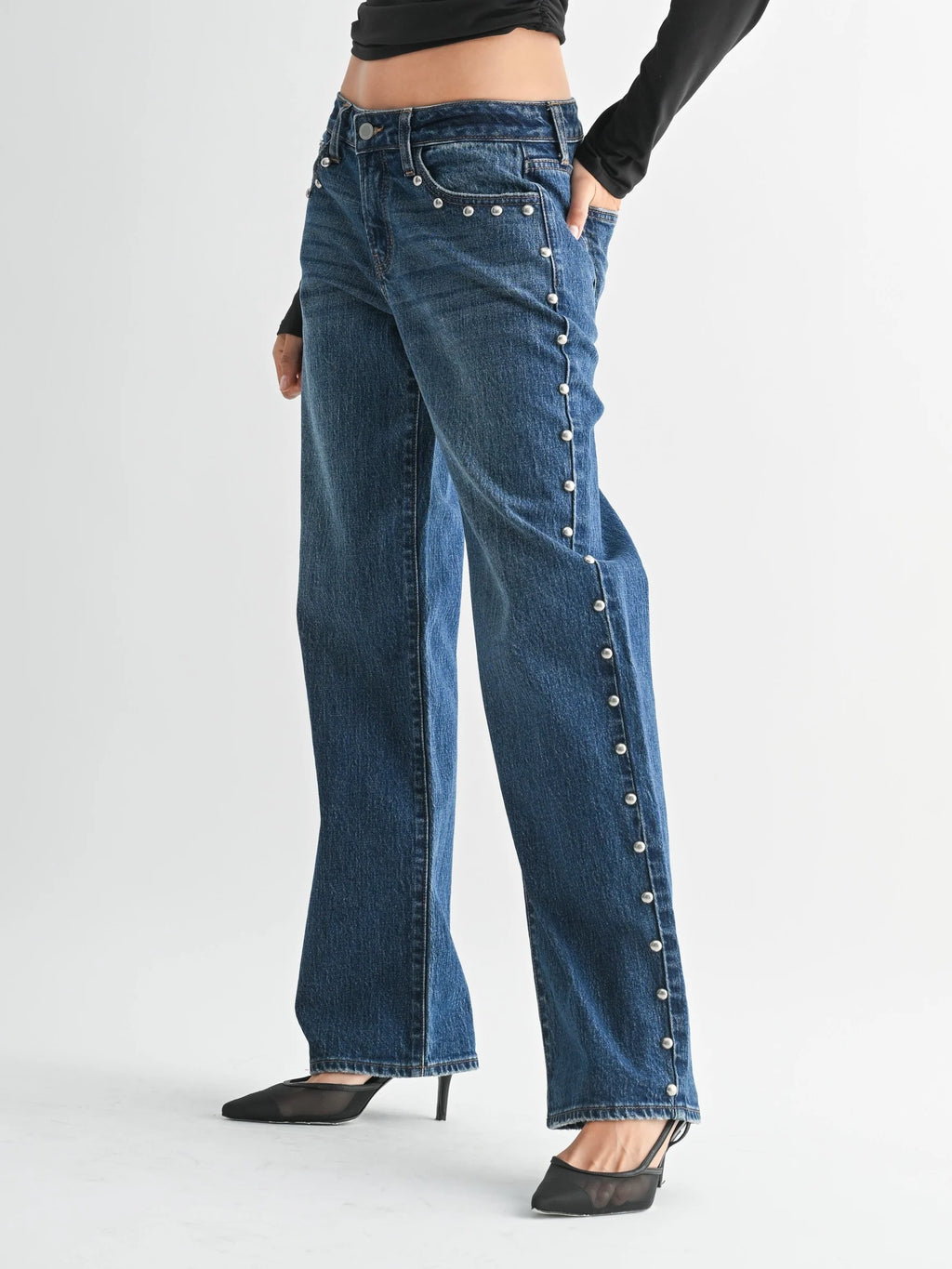 Just Black Denim : Low Rise Studded Baggy Jean