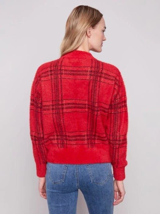 Eyelash Plaid Mock Neck Sweater