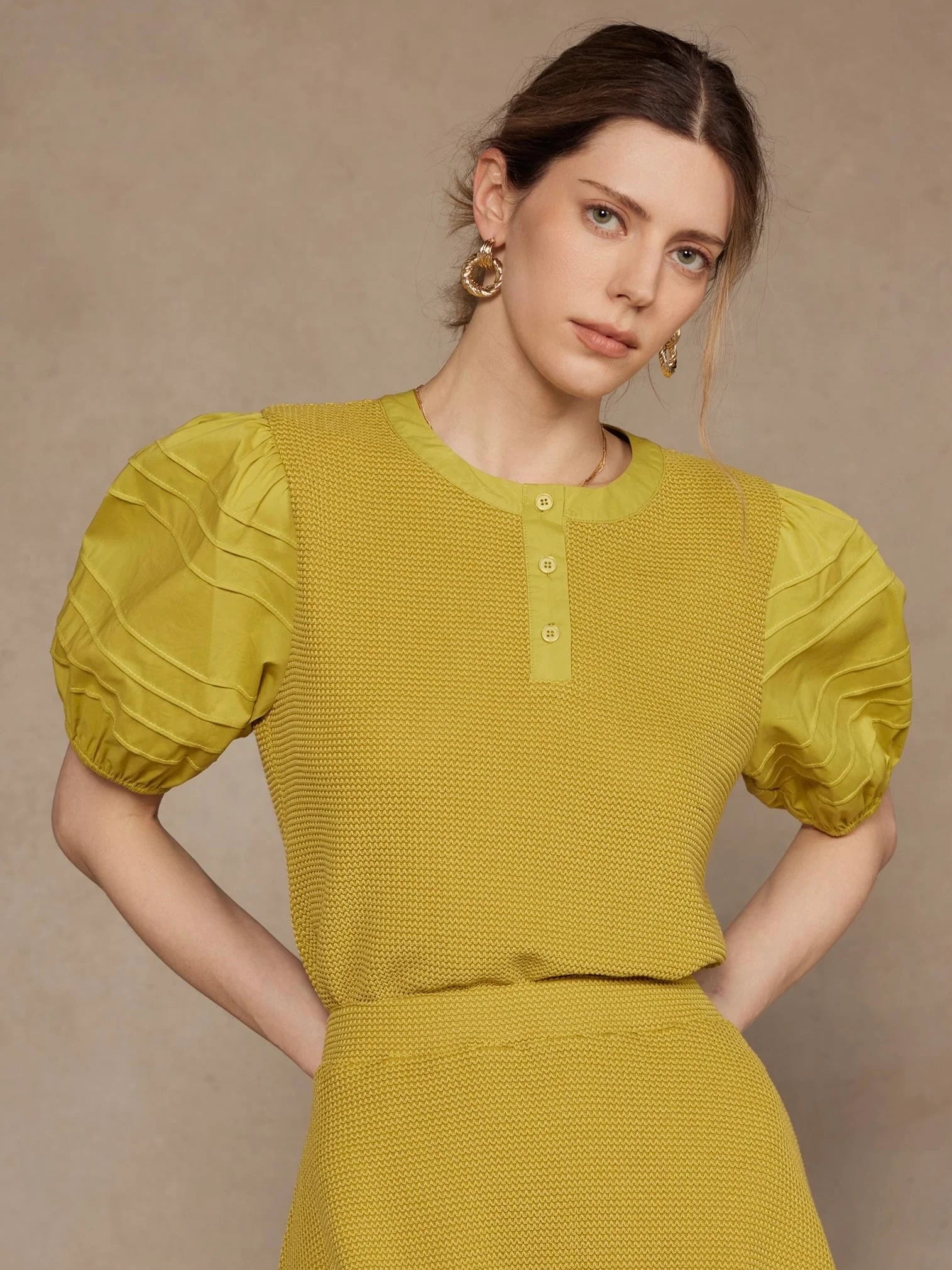 Pintuck Sleeve Textured Knit Top