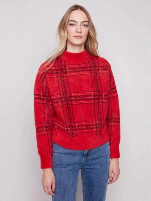 Eyelash Plaid Mock Neck Sweater
