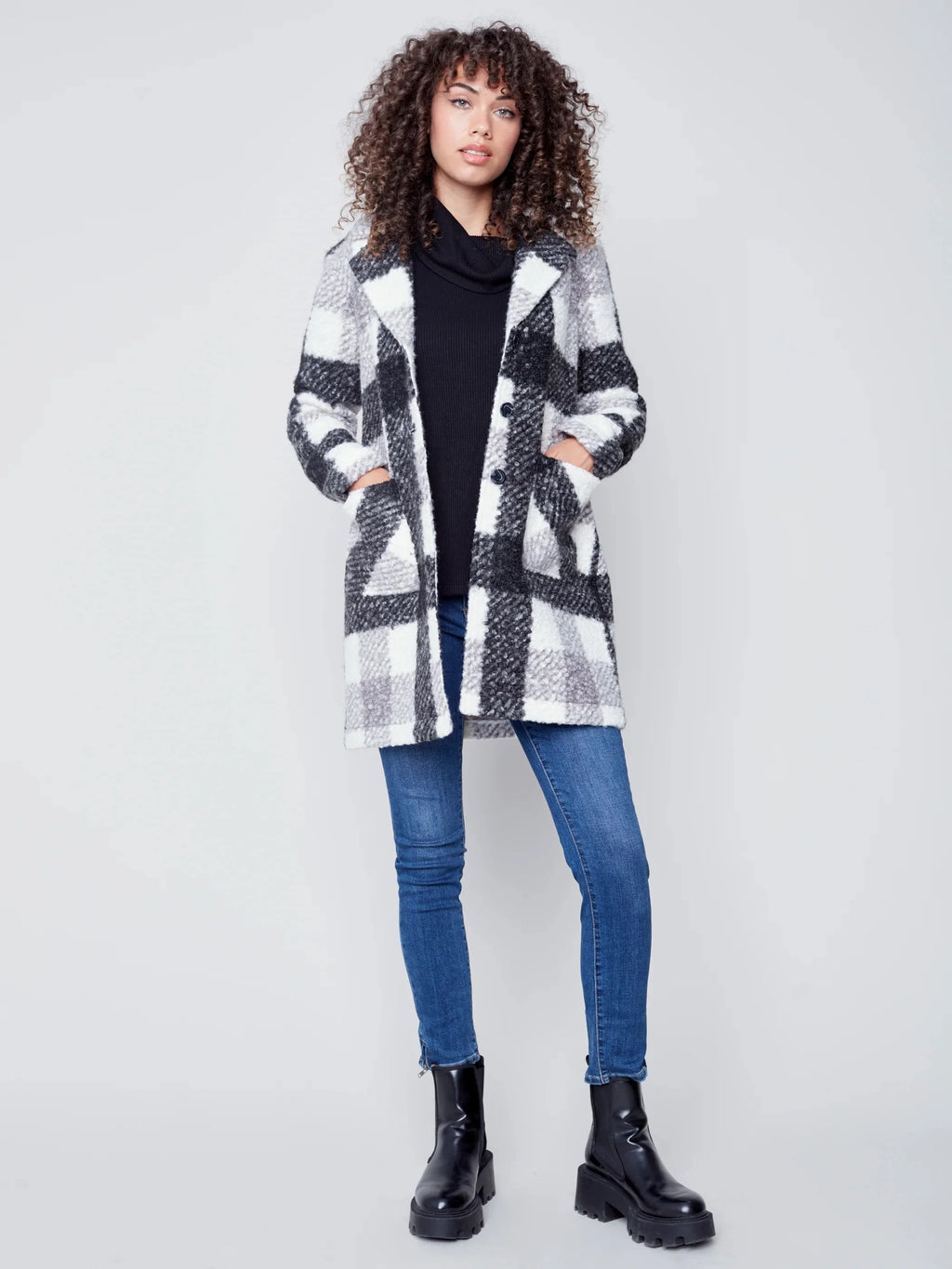 Plaid Boucle Knit Tailored Collar Coat