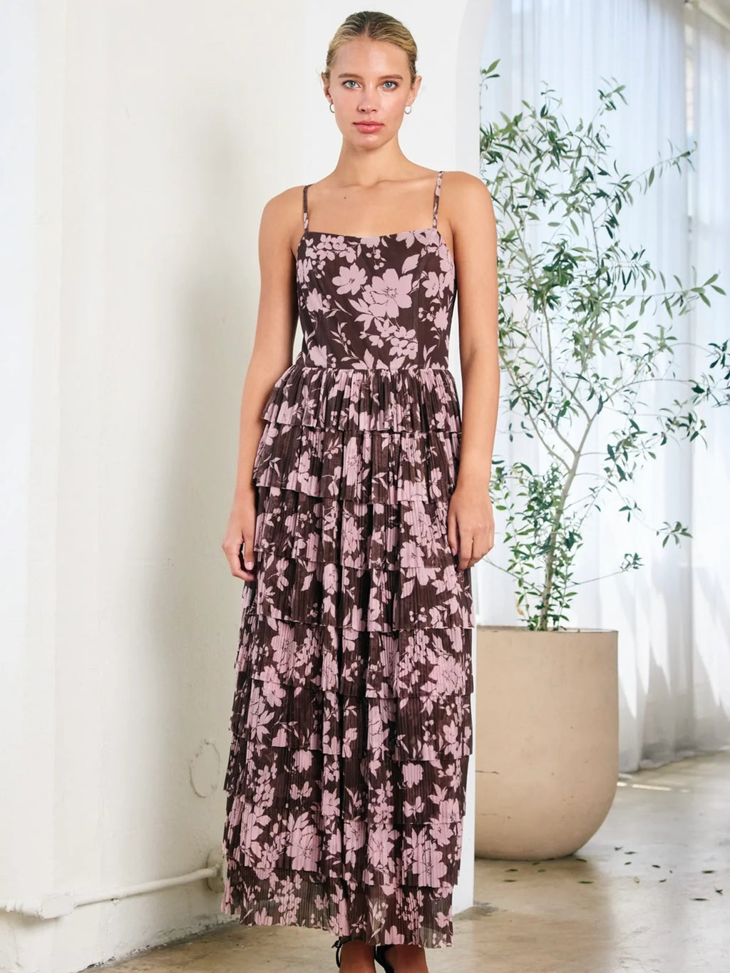 Flower Mesh Printed Tiered Maxi Dress